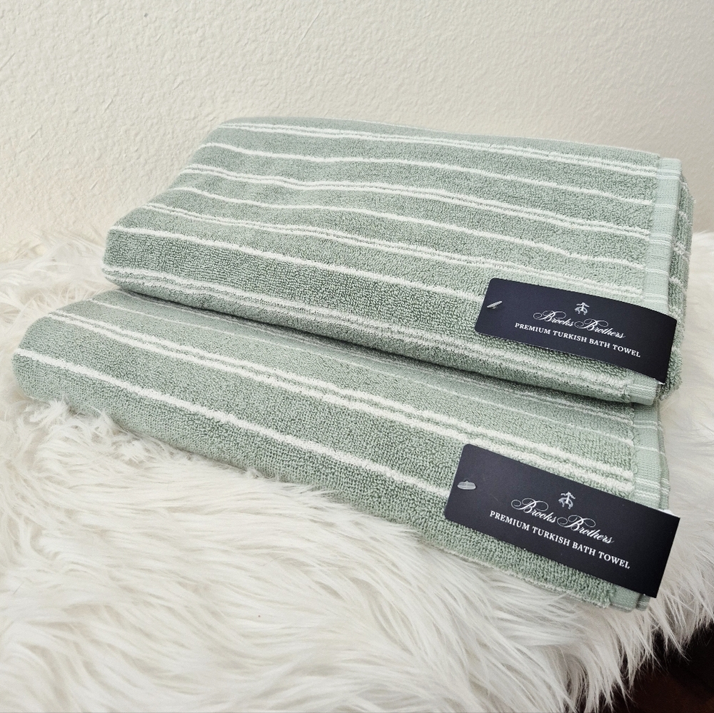 2pc NEW premium Brooks Brothers Green striped Turkish Bath Towel 100% Cotton